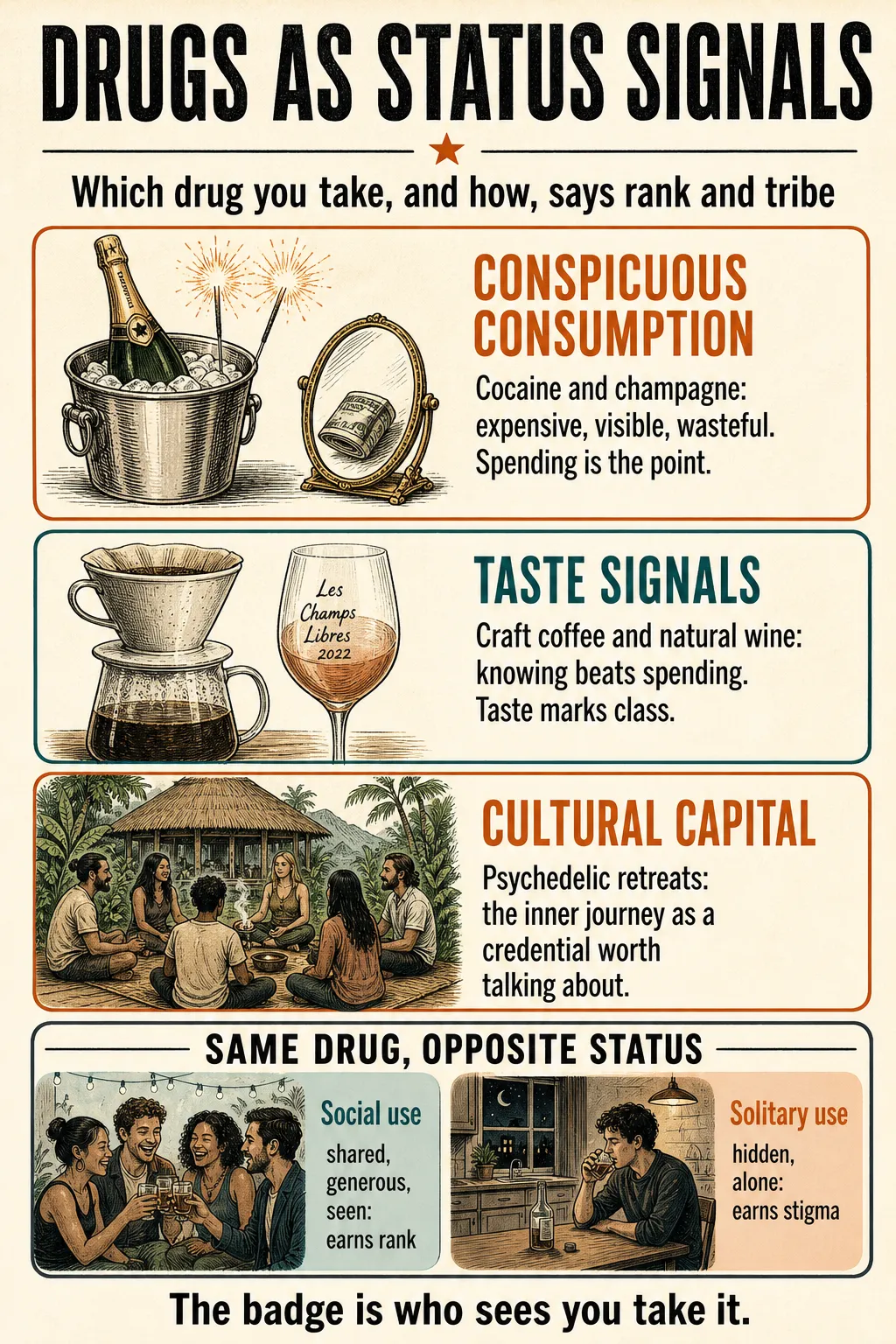 Drugs as status signals: cocaine and champagne as conspicuous consumption, craft coffee and natural wine as taste signals, psychedelic retreats as cultural capital; social use earns rank while solitary use earns stigma.