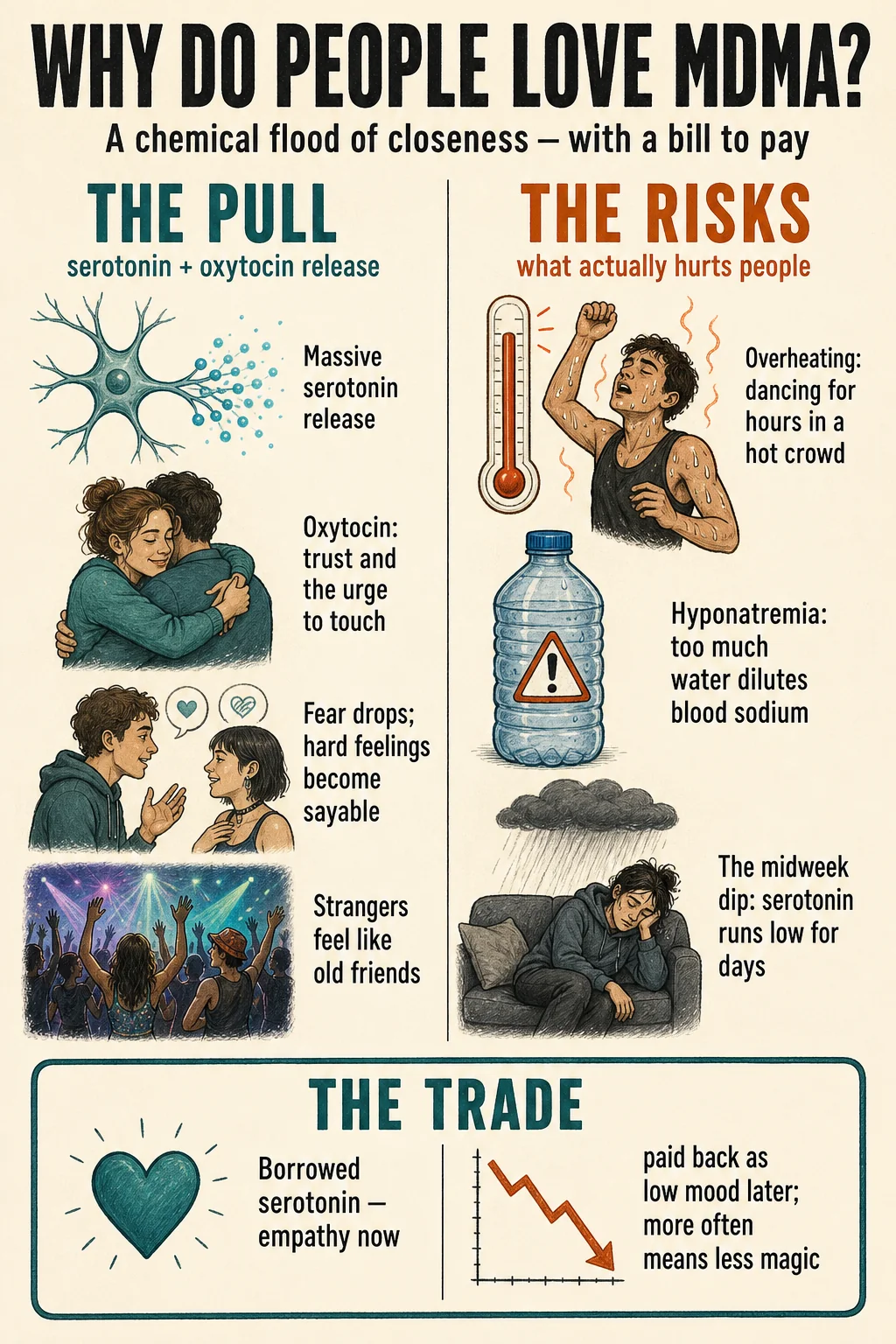 Why do people love MDMA? Serotonin and oxytocin release bring empathy and closeness; the risks are overheating, hyponatremia and the serotonin dip afterward.